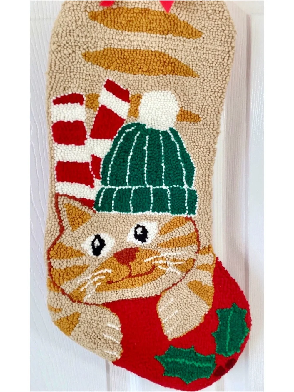Vintage Needlepoint Latch Hook/Velvet Tabby Kitty Cat Christmas Stocking 27”
